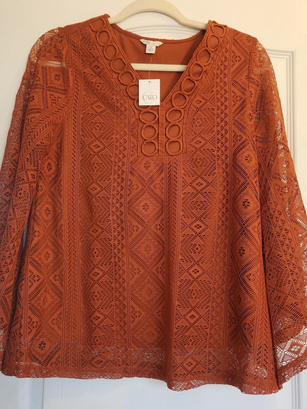 Cato Burnt Orange Lace V-Neck Long Sleeve Blouse S BNWT